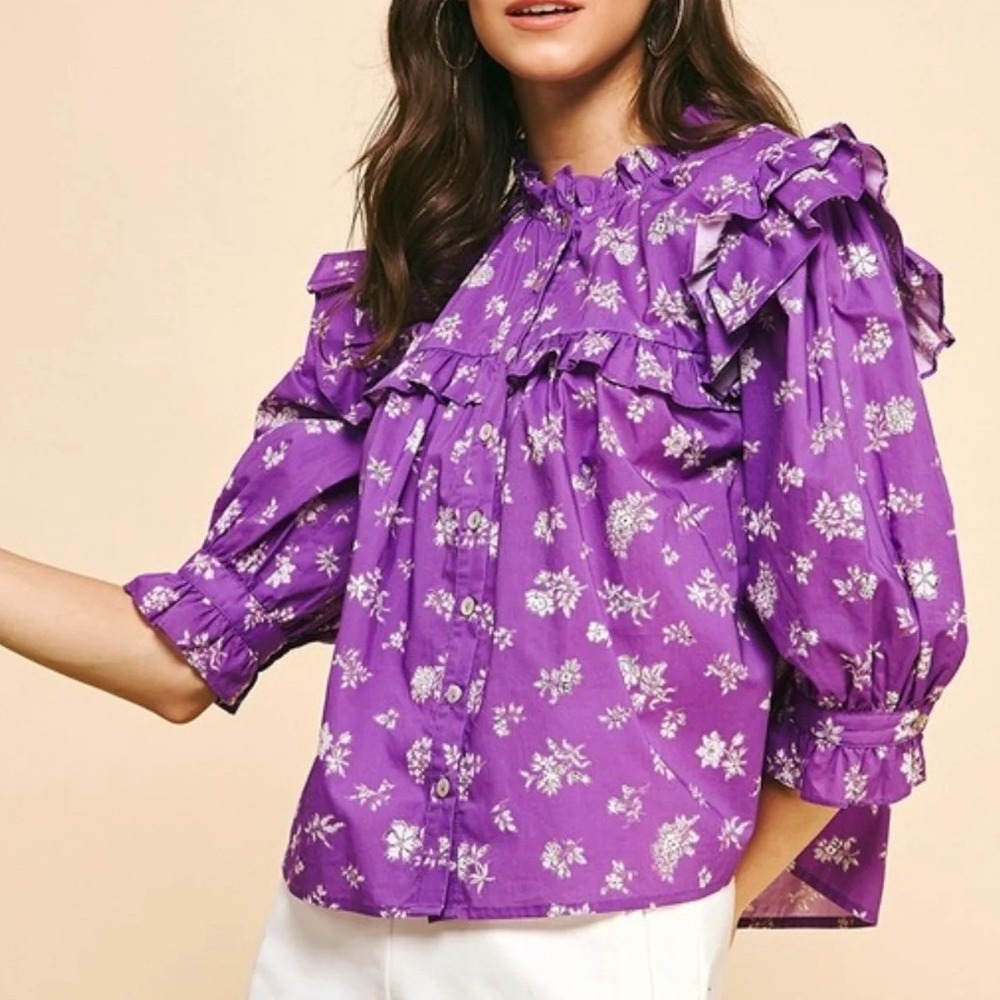 NWT PINCH Purple Floral Ruffle Button Front Blouse Cotton Long Sleeve Top Large